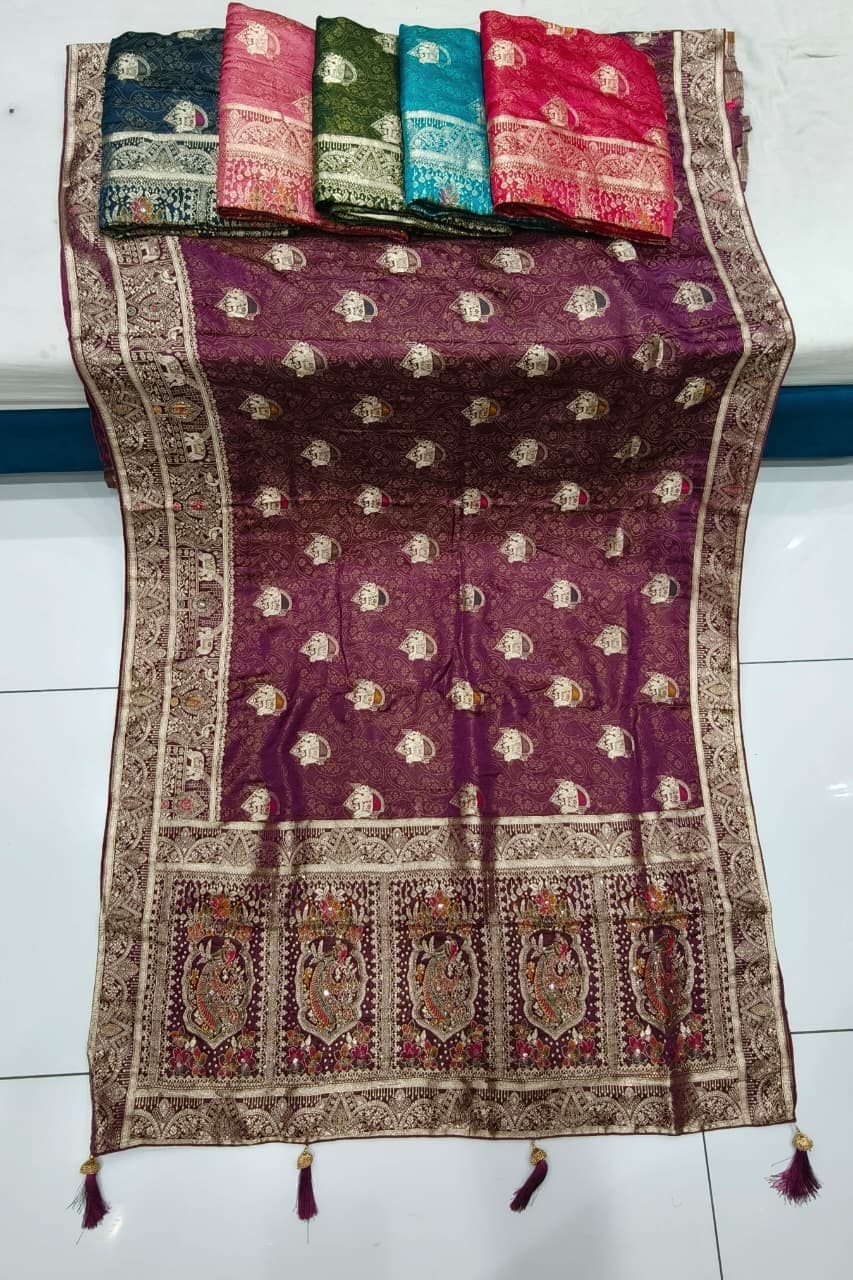 Noor Purple Satin-Shimmer Handwork Saree