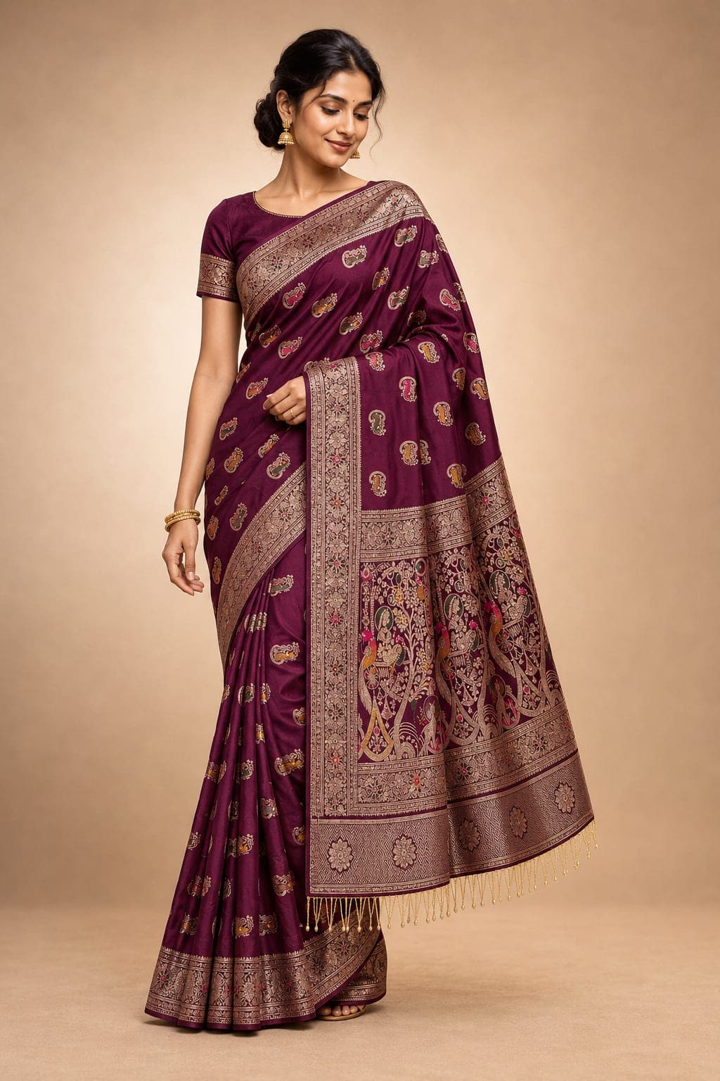 Madhurima Wine Swarovski Baluchari Saree