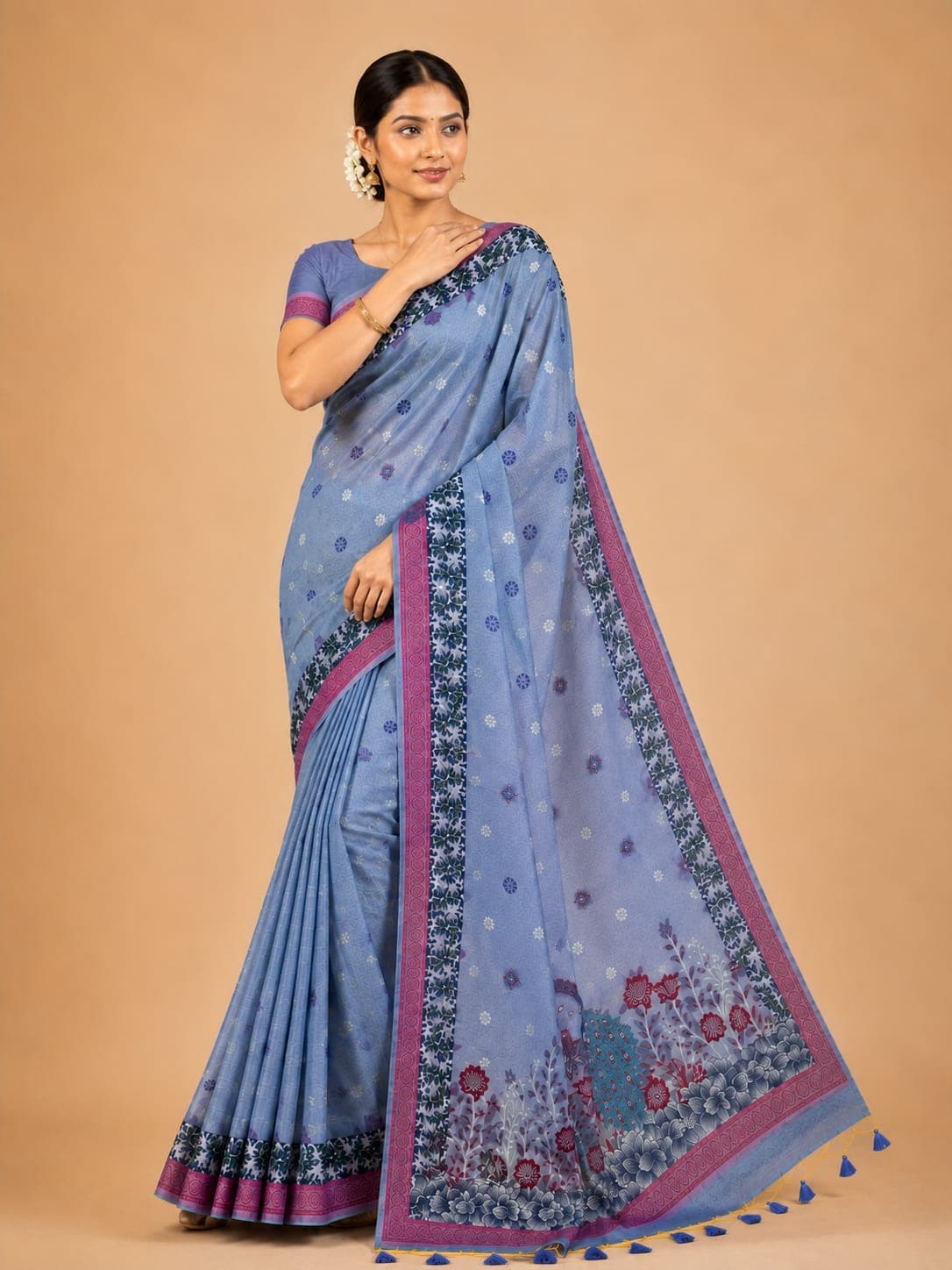 Elegant Pastel Blue Peacock Embroidery Cotton Saree