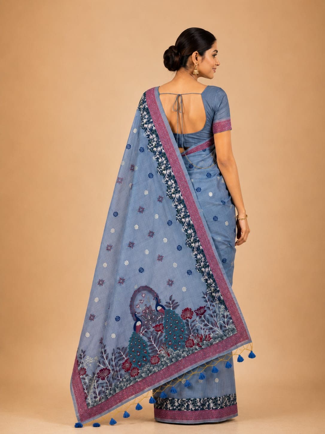 Elegant Pastel Blue Peacock Embroidery Cotton Saree — the weave up close