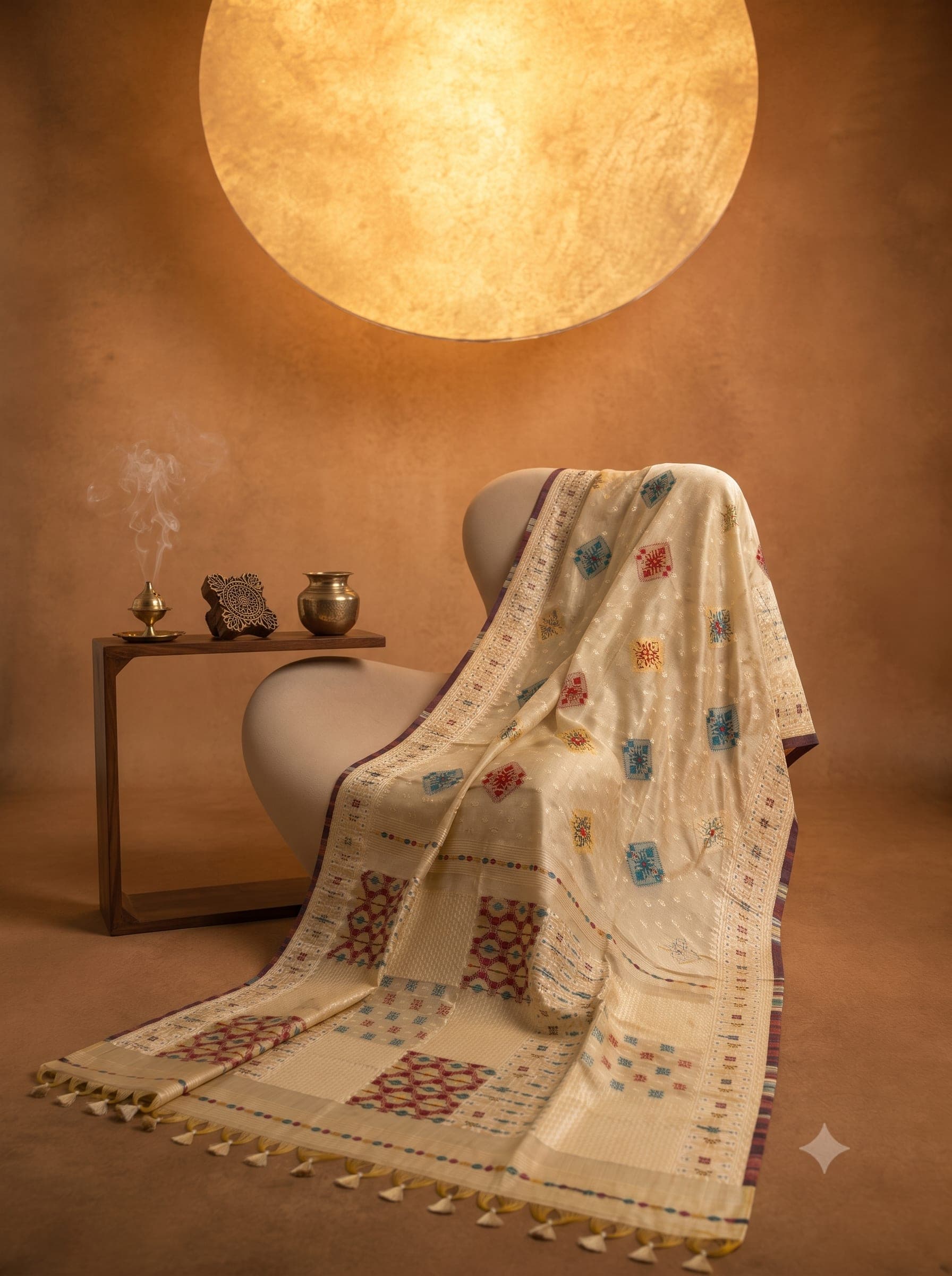 Elegant Cream Printed Cotton Saree with Tassels