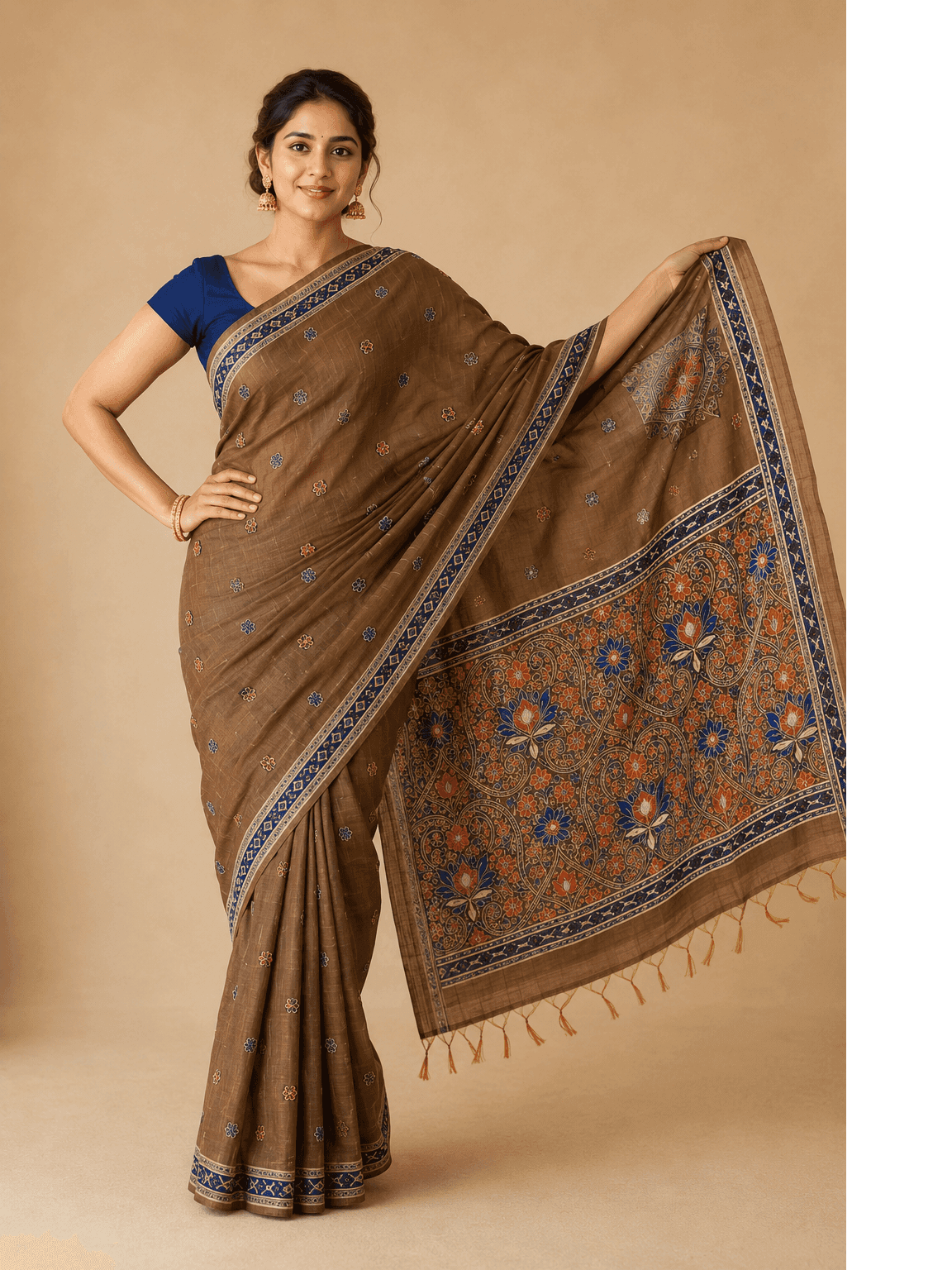 Earthy Brown Cotton Silk Saree with Blue Border — the weave up close