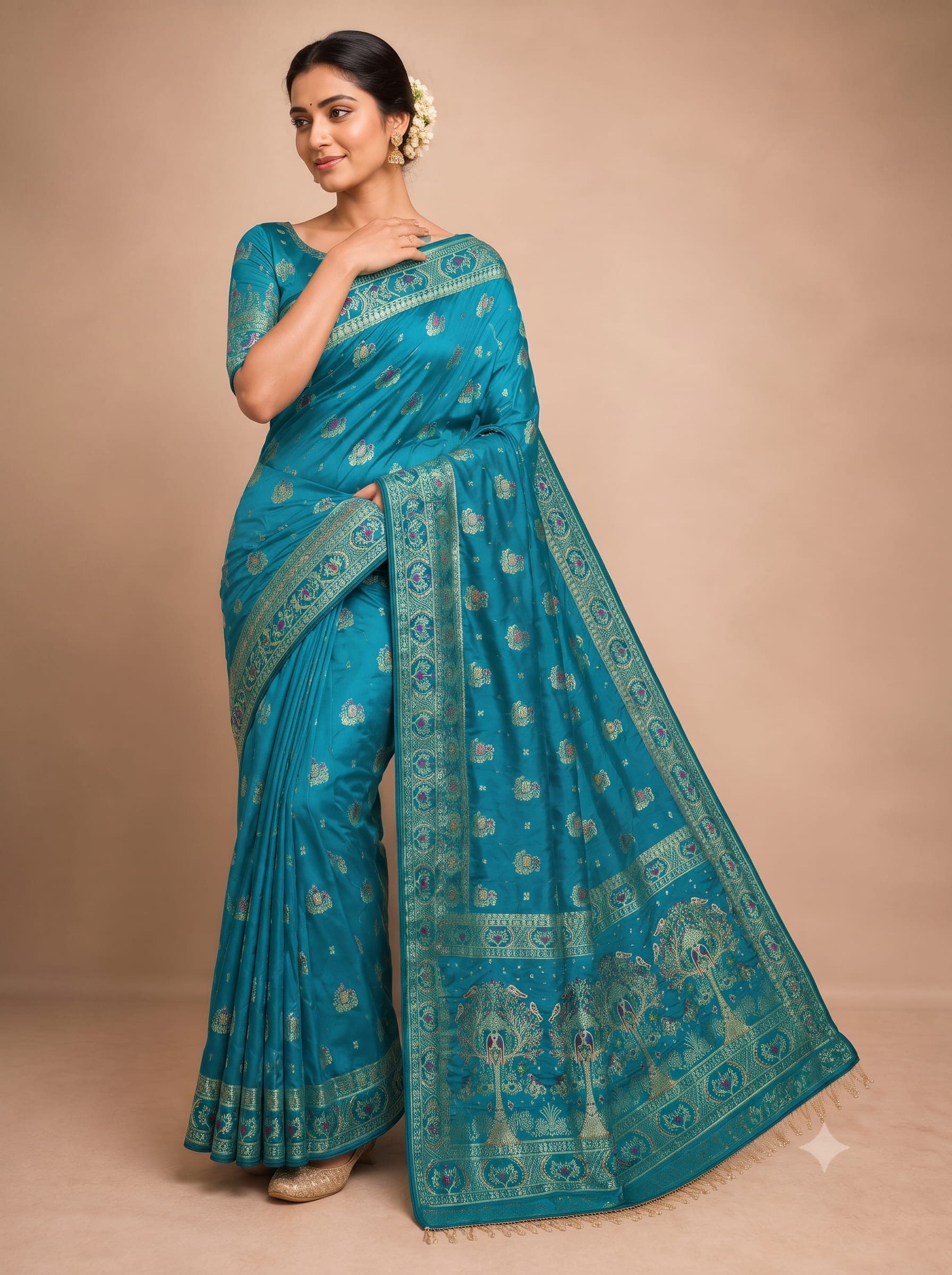 Teal Blue Banarasi Silk Saree for Festive Wear — the weave up close