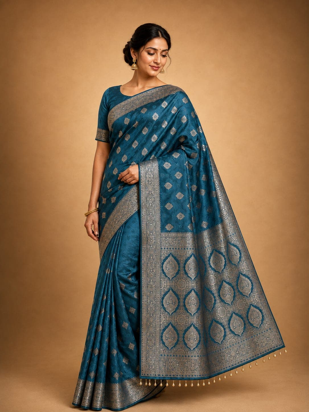 Teal Blue Antique Zari Butti Saree — the weave up close