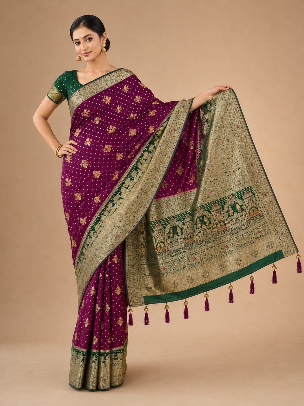 Royal Maroon Zari Woven Saree with Peacock Pallu — the weave up close